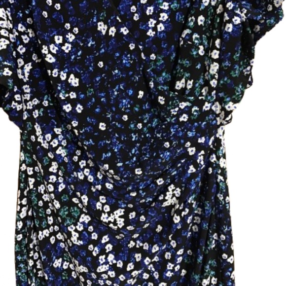 LAUREN Ralph Lauren BLACK MULTI FLORAL FAUX WRAP DRESS w/ FLUTTER SLEEVES Sz-2 - Picture 2 of 6